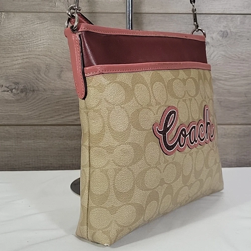 Coach Tan Signature Leather Crossbody with Burgundy Trim
